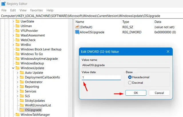 Change Value data field of AllowOSUpgrade