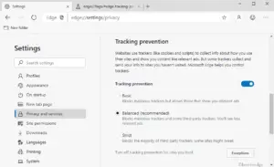 enable tracking prevention settings in Chromium Edge