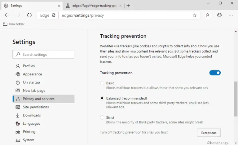 enable tracking prevention settings in Chromium Edge