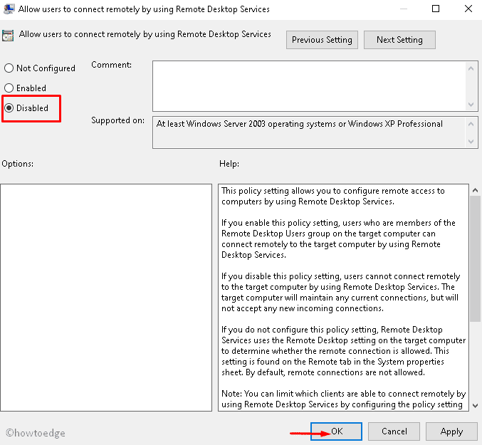 Disable Remote Desktop Connection