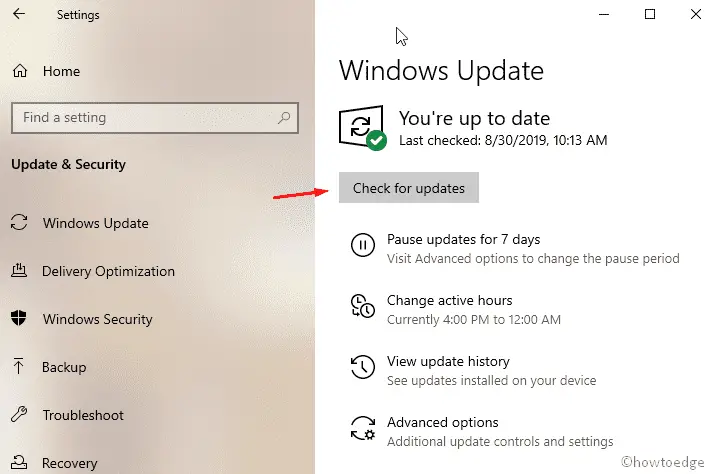 Install recent patches via Windows Update Settings