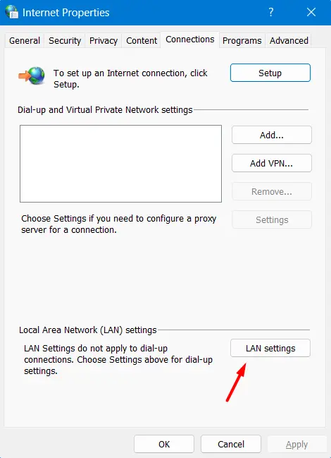 Disable Proxy under Internet Properties