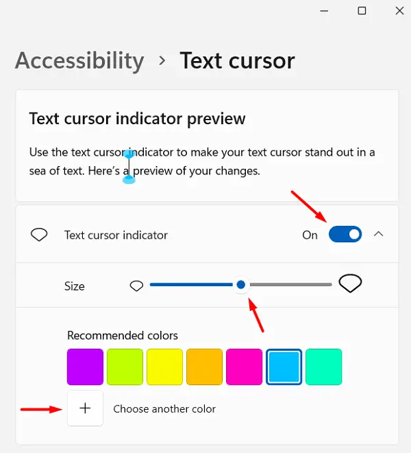 modify text cursor indicator in Windows 11