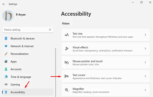 resize text cursor in Windows 11