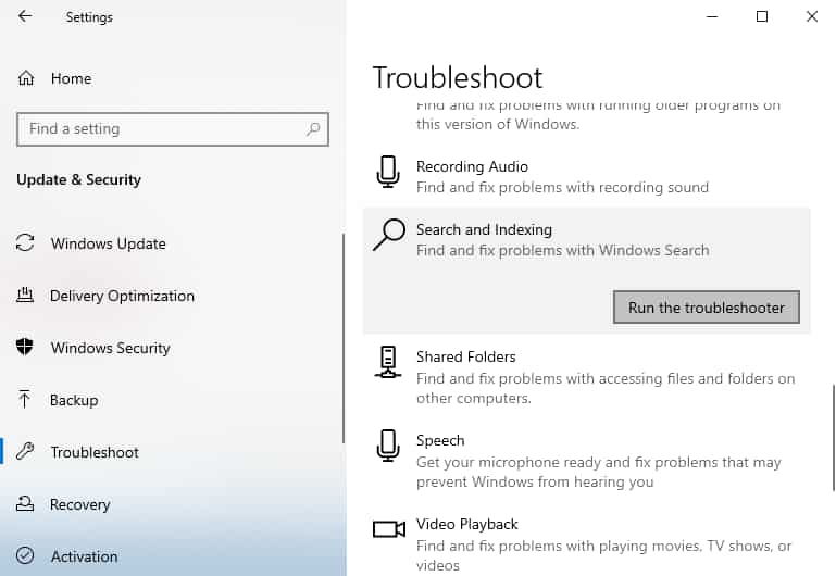 troubleshoot Search and Indexing