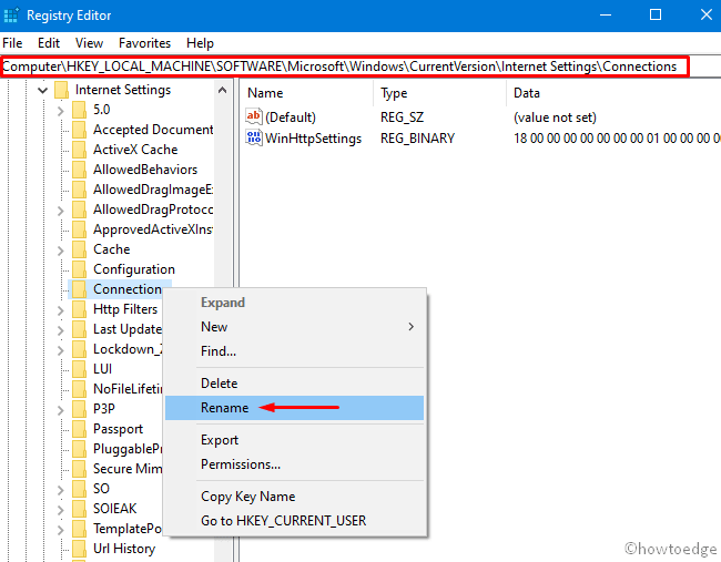 Connections folder inside registry