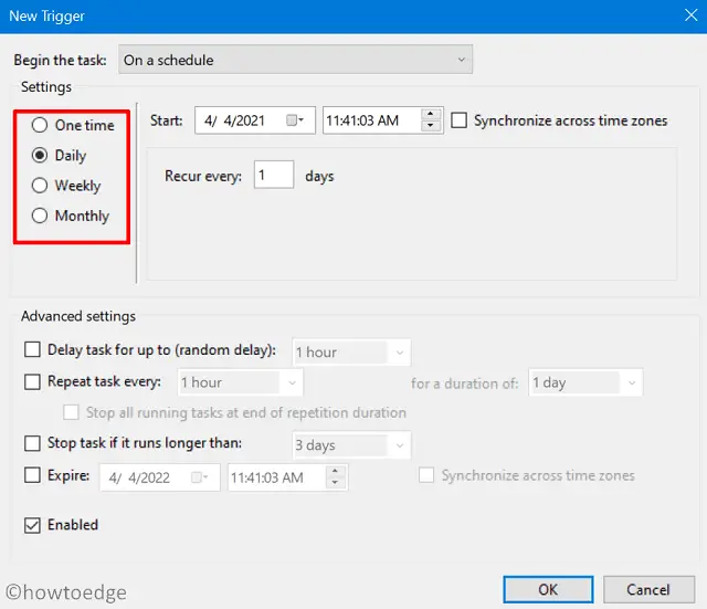 schedule empty recycle bin - Configure the trigger