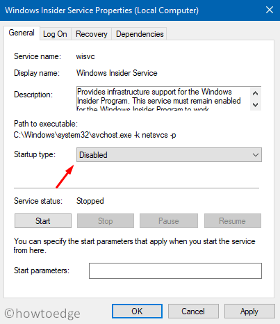 Disable Windows Insider Service - Properties