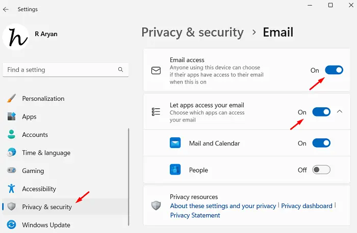 Allow Email Access in Windows 11