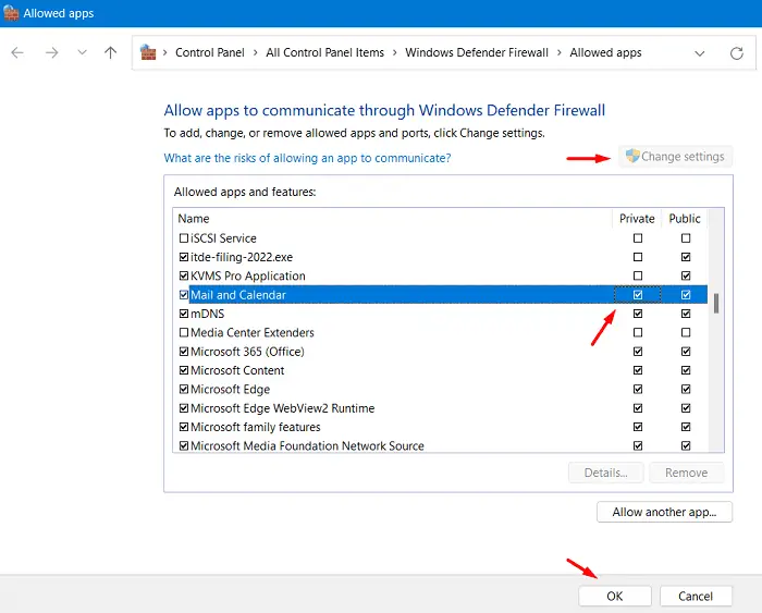 Allow Mail and Calendar through Firewall