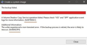 System Image Backup Error 0x807800A1, 0x800423F3