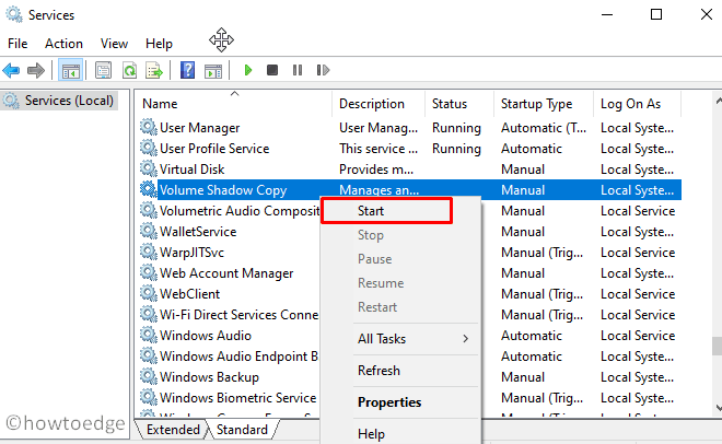 Restart Volume Shadow Copy service