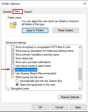 Enable or Disable Compact Mode in Windows Explorer