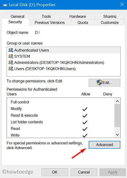 Fix ERROR_WRITE_FAULT 0x0000001D - Properties Advanced