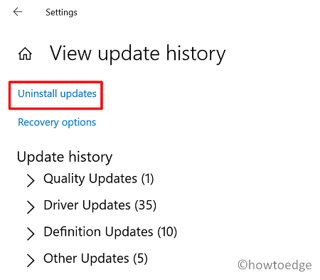 Check Windows Update history on Windows 10 via Settings