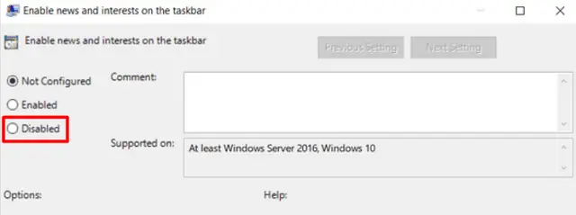 Disable Enable news and interests on the taskbar policy on Windows 10