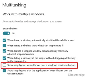 Disable Snap Layouts in Windows 11 via Settings