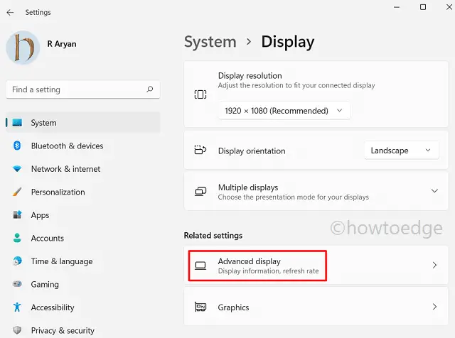 Advanced display setting