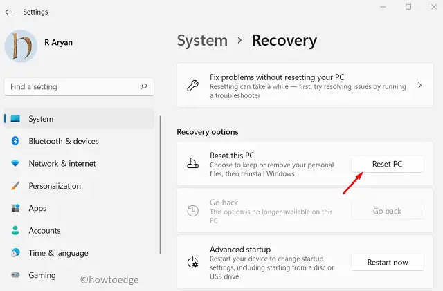 Repair Windows 11 - Reset PC