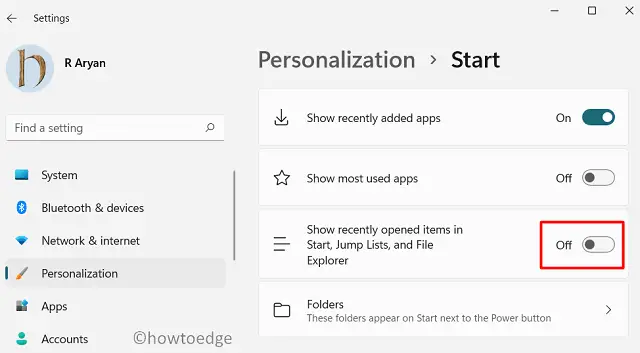 disable Start Menu recommended section