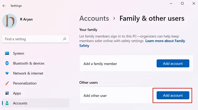 Add other users under Accounts - Windows 11 Start Menu Not Working