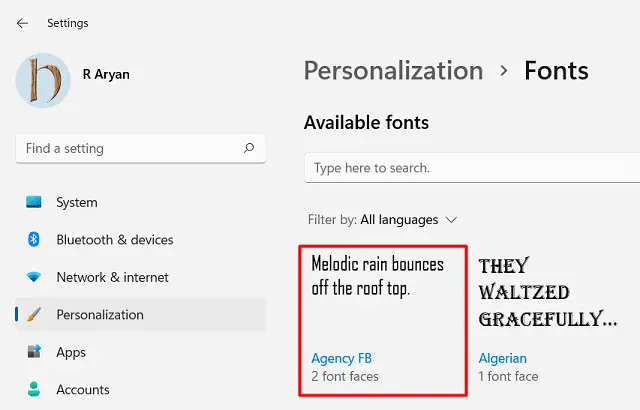 Fonts under Personalization in Windows 11