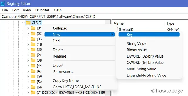 Get back the Classic Context Menu in Windows 11 - Create a new key under CLSID