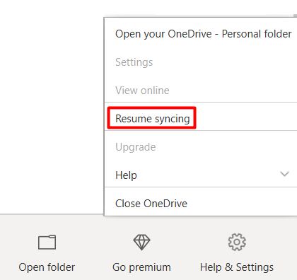 Resume Syncing on OneDrive