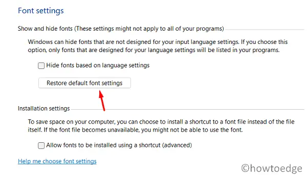 restore default font settings in Windows