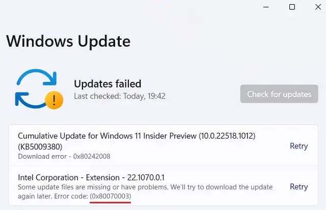 Windows 11 Update Error Code 0x80070003