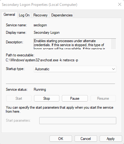 Secondry Logon Properties