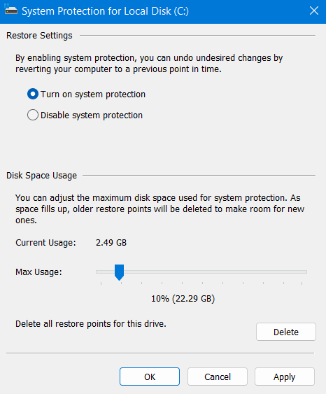 Increase Max usage on System Protection - Backup Error 0x80070032