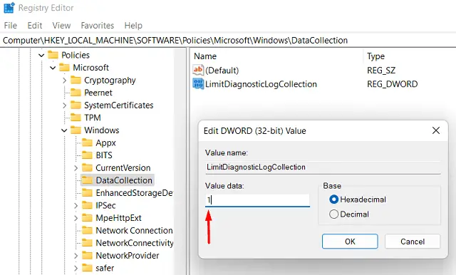 LimitDiagnosticLogCollection inside registry