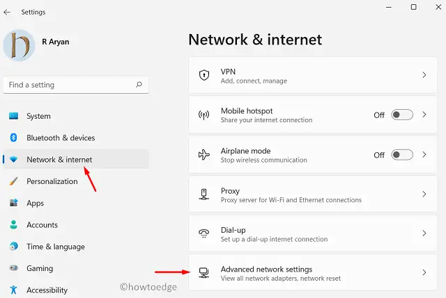 Network & intenet on Windows 11