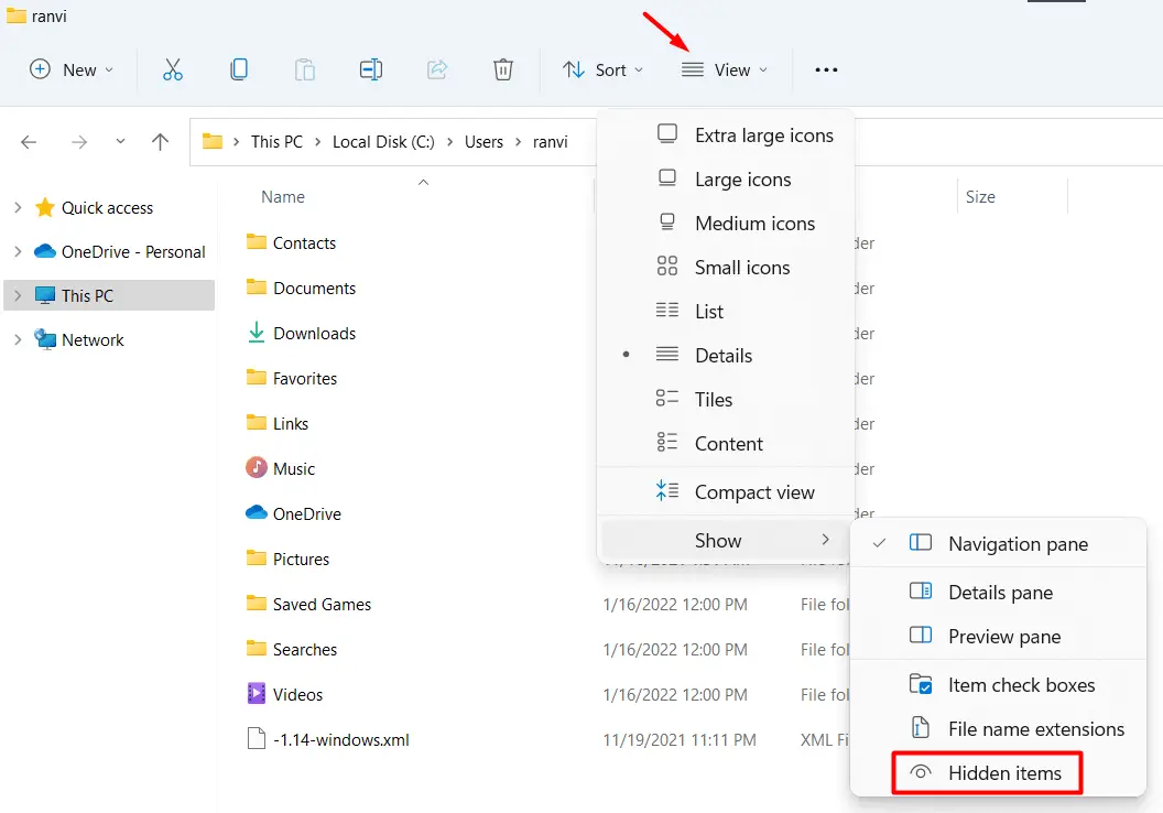 View hidden items on Windows 11