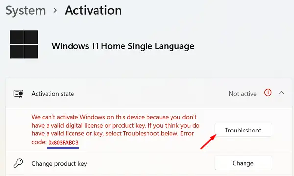 Error 0x803FABC3 - Change product key