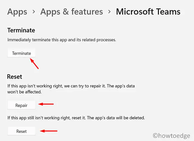 terminate, repair, or reset Teams