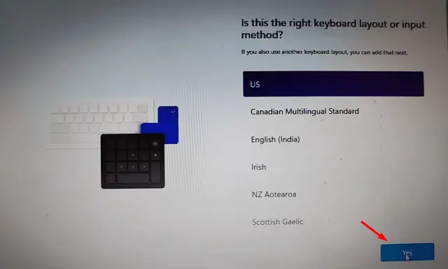 Choose Keyboard Layout - Install Windows 11 without Internet Connection