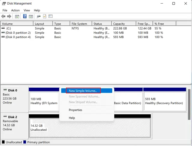 Create a new simple volume using Disk Management