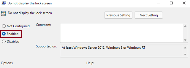 Enabled - Do not display the lock screen