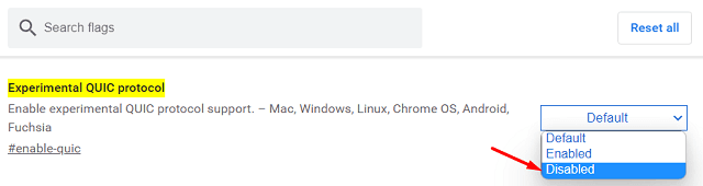 Experimental QUIC Protocol - Fix SSL Connection Error in Chrome