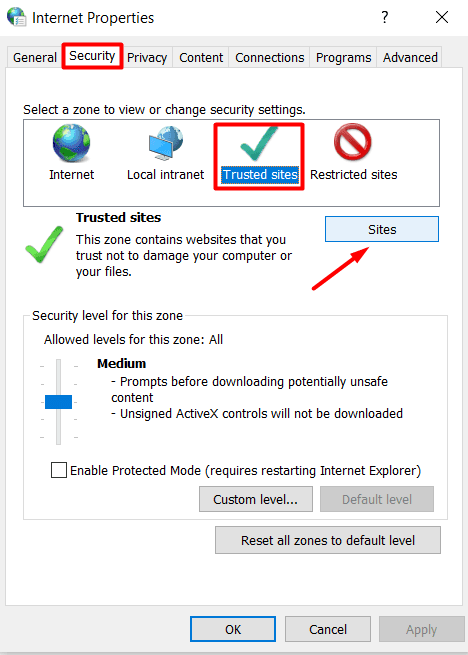 Internet Properties - Security tab