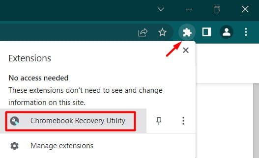 Open Get Chromebook Recovery Utility from Extensions