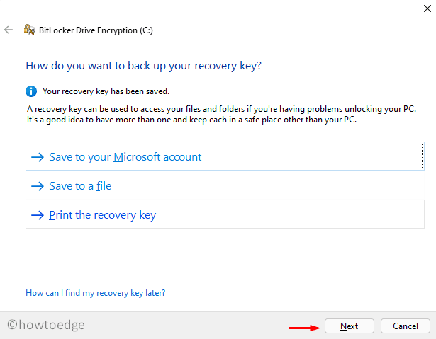 Save BitLocker Recovery key to Microsoft Account