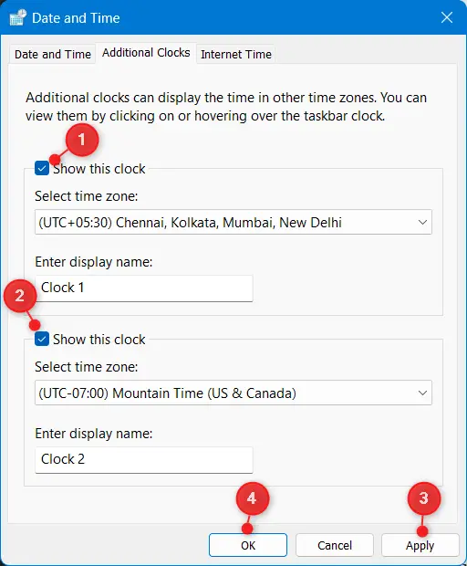 Enable showing two clocks on Windows 11