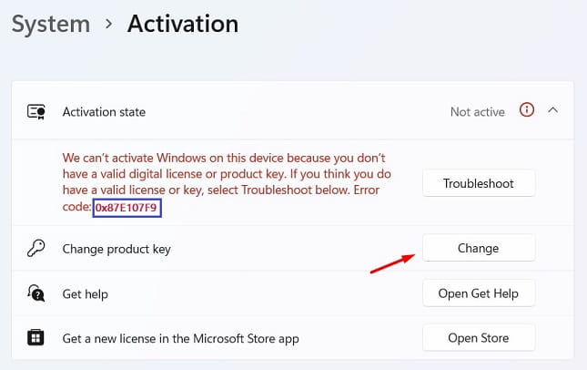 Fix Activation Error 0x87E107F9 - Change Product Key