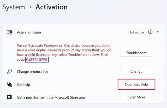 Fix Activation Error 0x87E107F9 - Get Help
