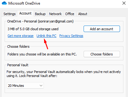 OneDrive - Unlink this PC