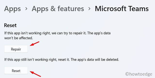 Reset or Repair Microsoft teams