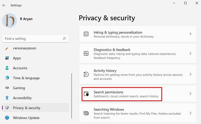 Search permissions in Windows 11